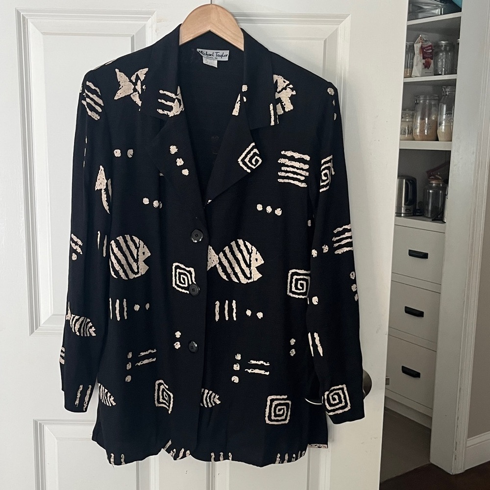 Vintage Michael Taylor Apparel Black with White Aztec Print, Sz Large